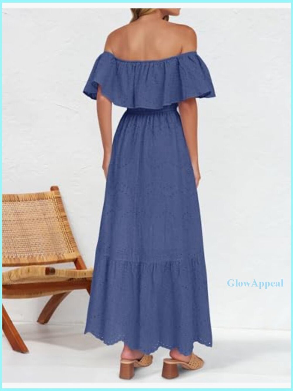 Off Shoulder Ruffle Midi Dress Hollow Out Embroidery High Waist Party - Picture 3 of 7